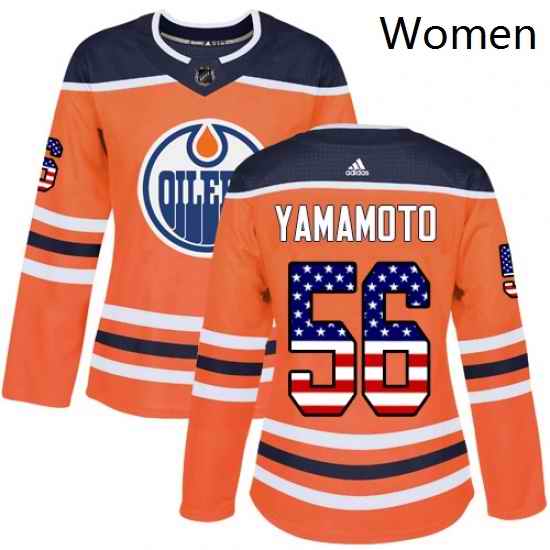 Womens Adidas Edmonton Oilers 56 Kailer Yamamoto Authentic Orange USA Flag Fashion NHL Jersey